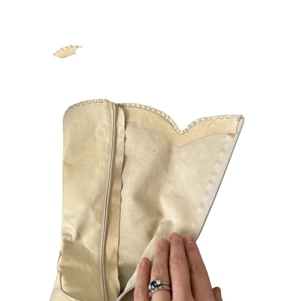 Vintage Pointed Toe Cream Italian Leather Western Boots Stacked Heel Zip Up 9 - Picture 11 of 16
